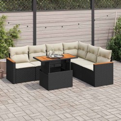 Salon de jardin avec coussins 7 pcs noir résine tressée acacia 647511647511