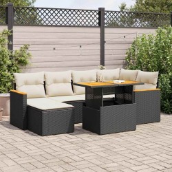 Salon de jardin avec coussins 7 pcs noir résine tressée acacia 647512647512