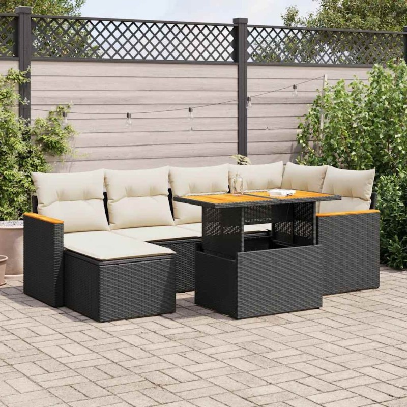 Salon de jardin avec coussins 7 pcs noir résine tressée acacia 647512647512