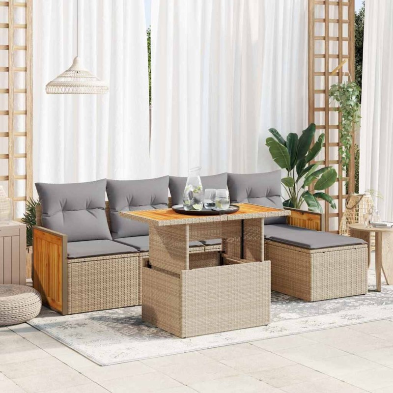 Salon de jardin 6 pcs avec coussins beige résine tressée acacia 647579647579