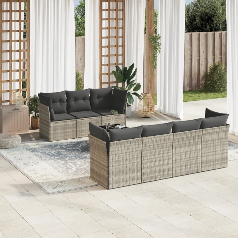 Salon de jardin 8 pcs avec coussins gris clair résine tressée 647612647612