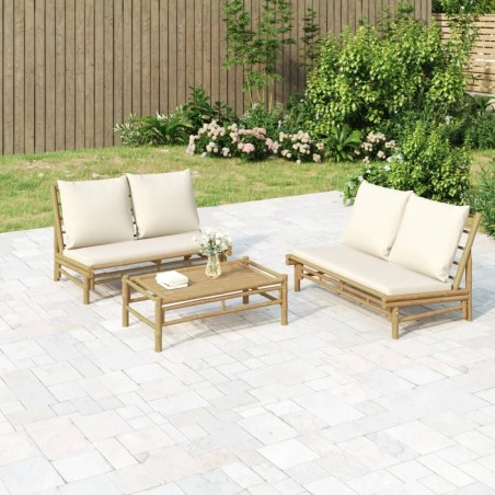 Salon de jardin 3 pcs avec coussins blanc crème bambou 647617647617