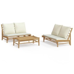 Salon de jardin 3 pcs avec coussins blanc crème bambou 647617647617