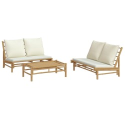 Salon de jardin 3 pcs avec coussins blanc crème bambou 647617647617