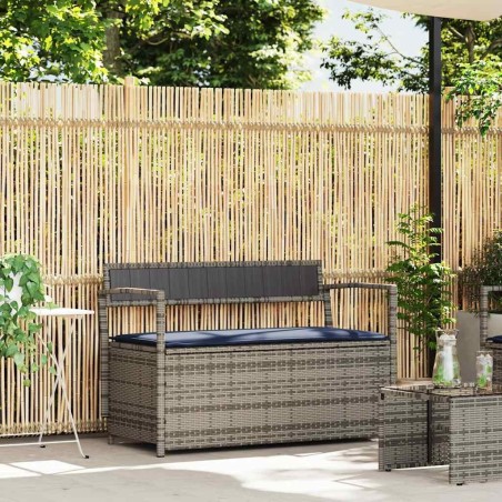 Banc de rangement de jardin avec coussin gris résine tressée 647654647654