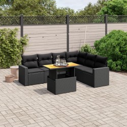Salon de jardin 7 pcs avec coussins noir résine tressée 647659647659