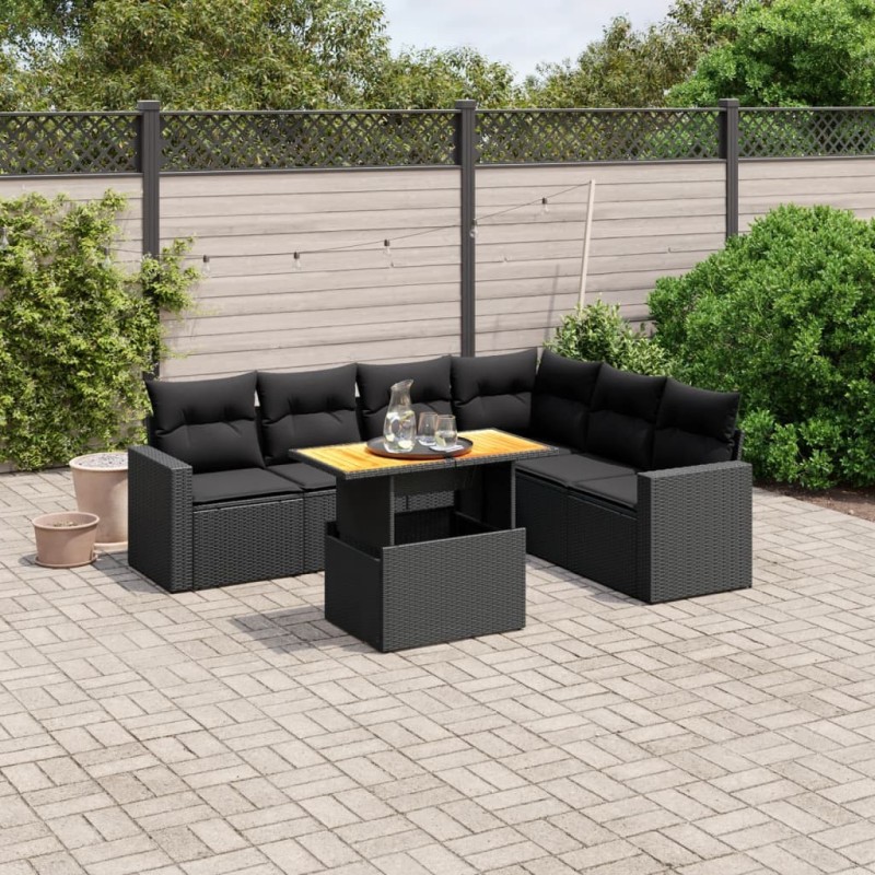 Salon de jardin 7 pcs avec coussins noir résine tressée 647659647659