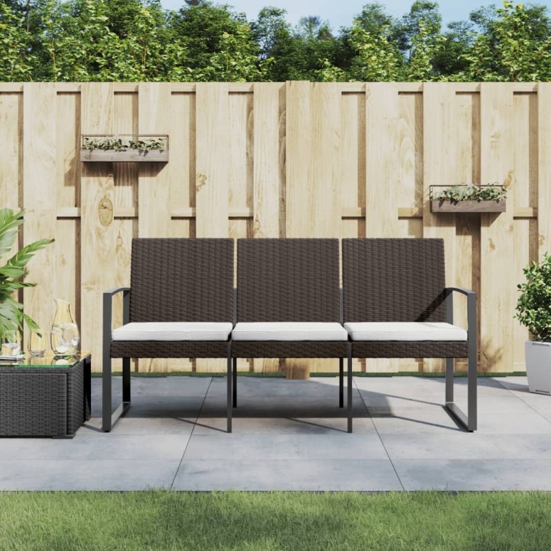 Banc de jardin à 3 places avec coussins marron PP rotin 647664647664