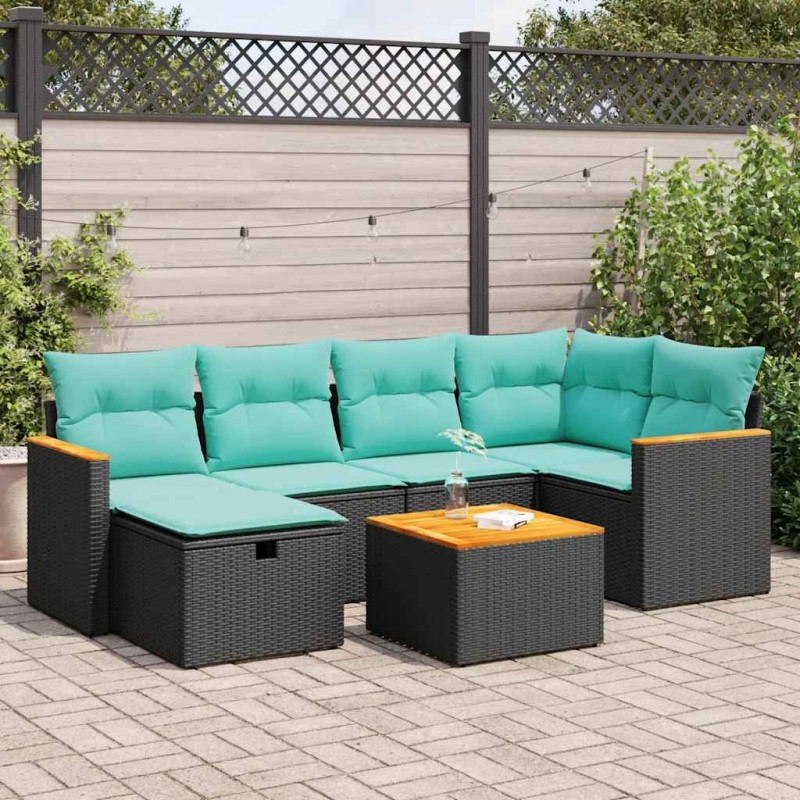 Salon de jardin 7 pcs avec coussins noir résine tressée 647728647728