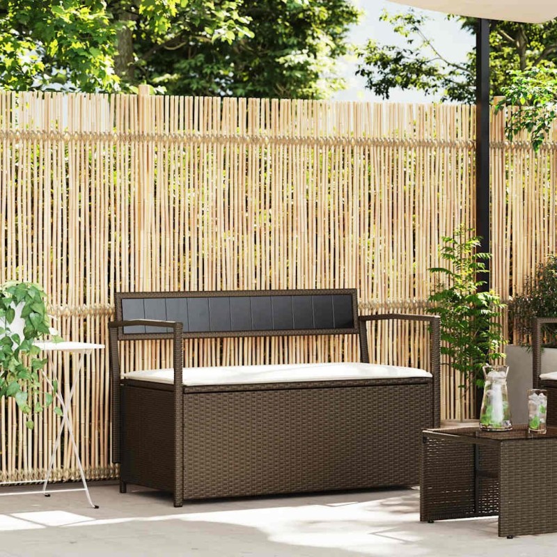 Banc de rangement de jardin avec coussin marron résine tressée 647777647777