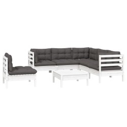Salon de jardin 6 pcs avec coussins blanc bois de pin 647806647806