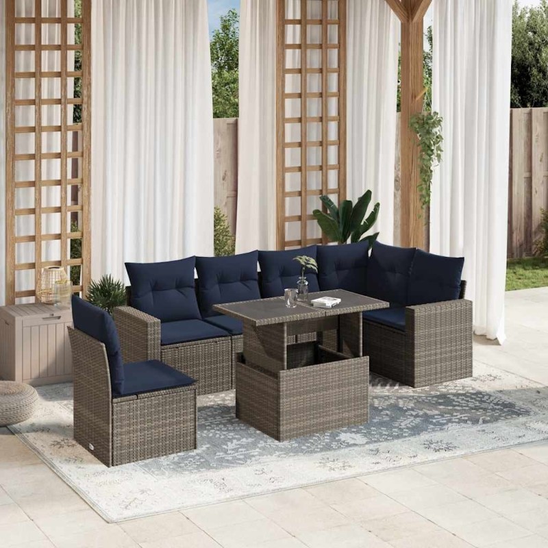 Ensemble de canapé de jardin 7 pcs avec coussins gris résine tressée 647933647933