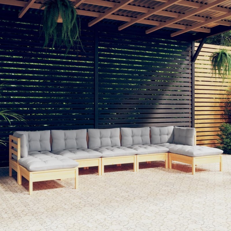 Salon de jardin 7 pcs avec coussins gris bois de pin 647944647944