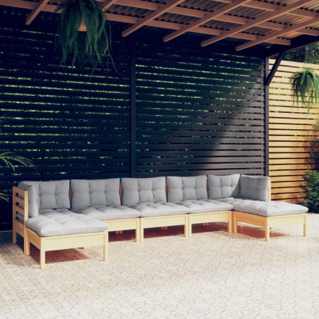Salon de jardin 7 pcs avec coussins gris bois de pin 647944647944