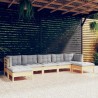 Salon de jardin 7 pcs avec coussins gris bois de pin 647944647944