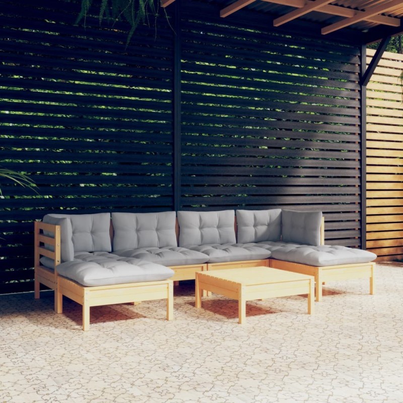 Salon de jardin 7 pcs avec coussins gris bois de pin 647946647946