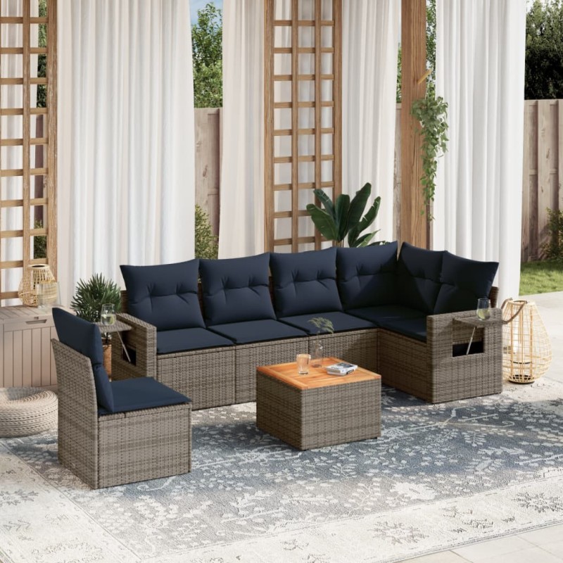 Ensemble de canapé de jardin 7 pcs avec coussins gris résine tressée 647995647995