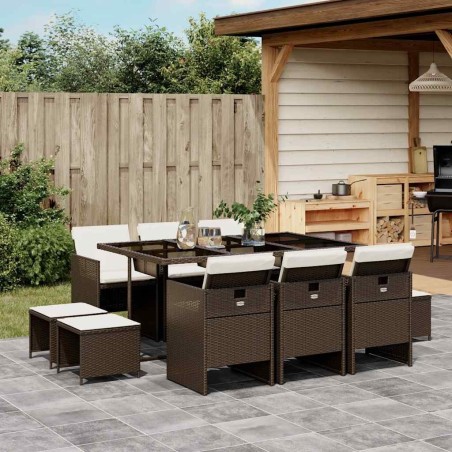 Ensemble à manger de jardin et coussins 11 pcs marron rotin 647997647997