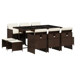 Ensemble à manger de jardin et coussins 11 pcs marron rotin 647997647997