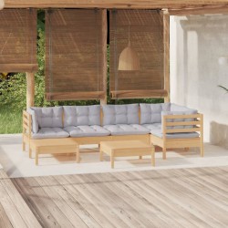 Salon de jardin 7 pcs avec coussins gris bois de pin massif 647999647999