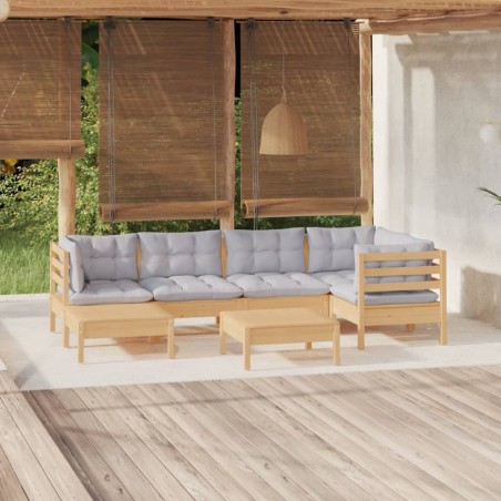 Salon de jardin 7 pcs avec coussins gris bois de pin massif 647999647999