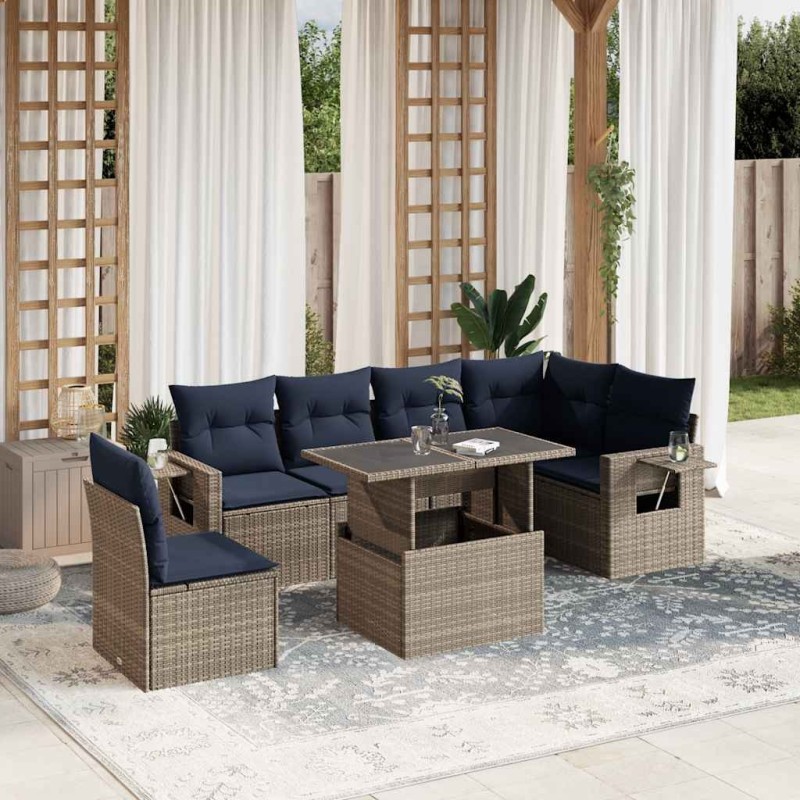 Ensemble de canapé de jardin 7 pcs avec coussins gris résine tressée 648013648013