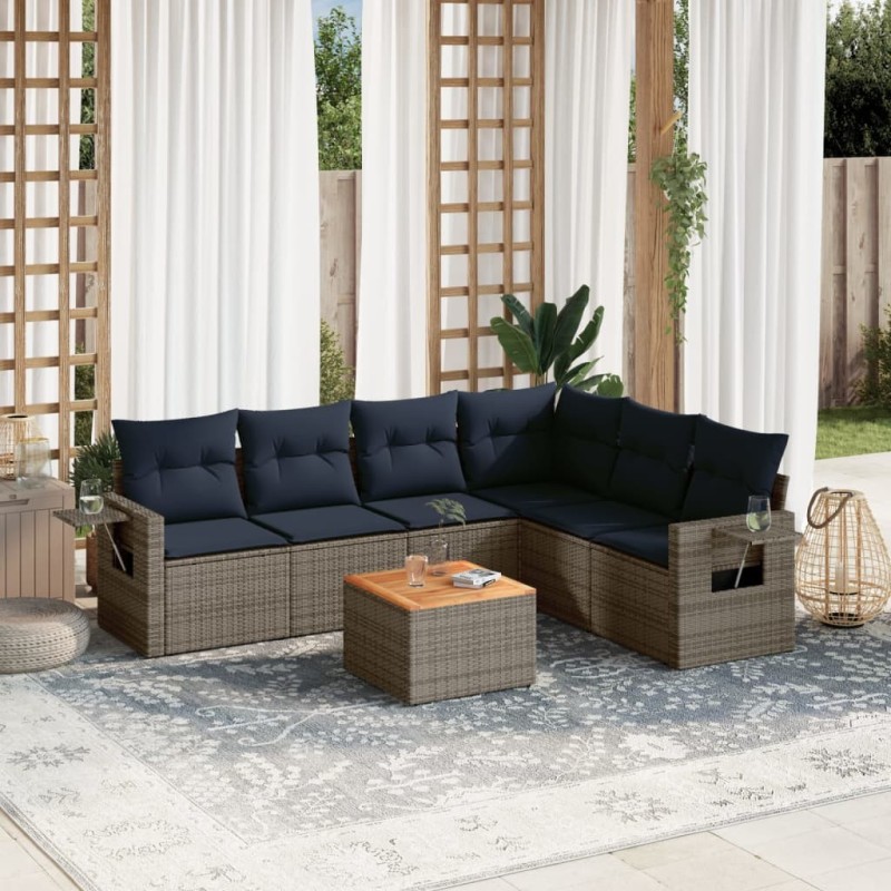 Ensemble de canapé de jardin 7 pcs avec coussins gris résine tressée 648099648099