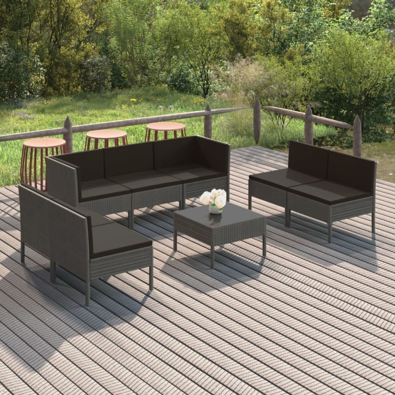 Salon de jardin 8 pcs avec coussins résine tressée gris 648141648141