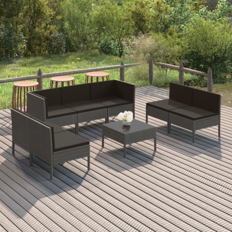 Salon de jardin 8 pcs avec coussins résine tressée gris 648141648141