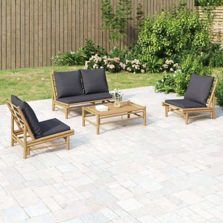 Salon de jardin 4 pcs avec coussins gris foncé bambou 648145648145