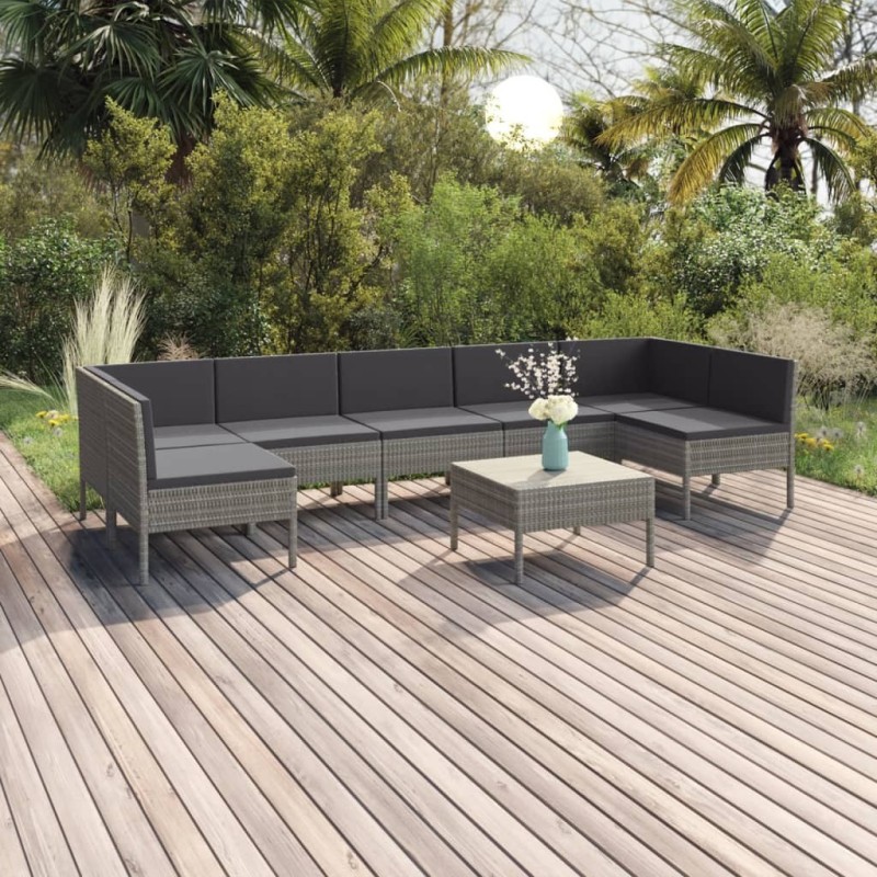 Salon de jardin 8 pcs avec coussins résine tressée gris 648148648148