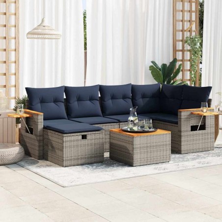 Salon de jardin avec coussins 7 pcs gris résine tressée 648182648182
