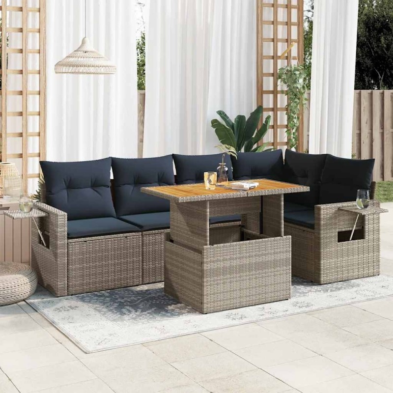Salon de jardin 6 pcs avec coussins gris résine tressée 648278648278