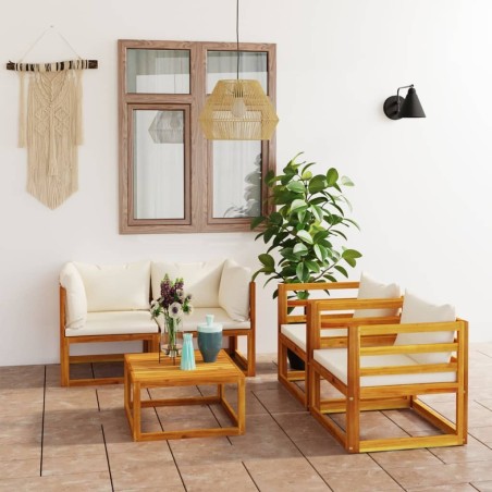 Salon de jardin 5 pcs avec coussin Crème Bois d'acacia solide 648505648505