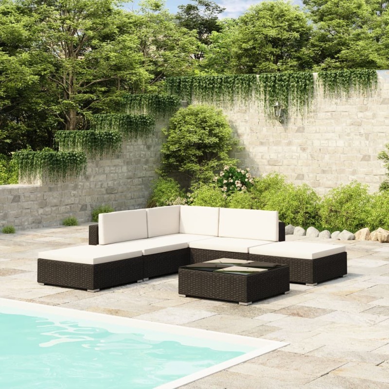 Salon de jardin 6 pcs avec coussins Résine tressée Noir 648543648543
