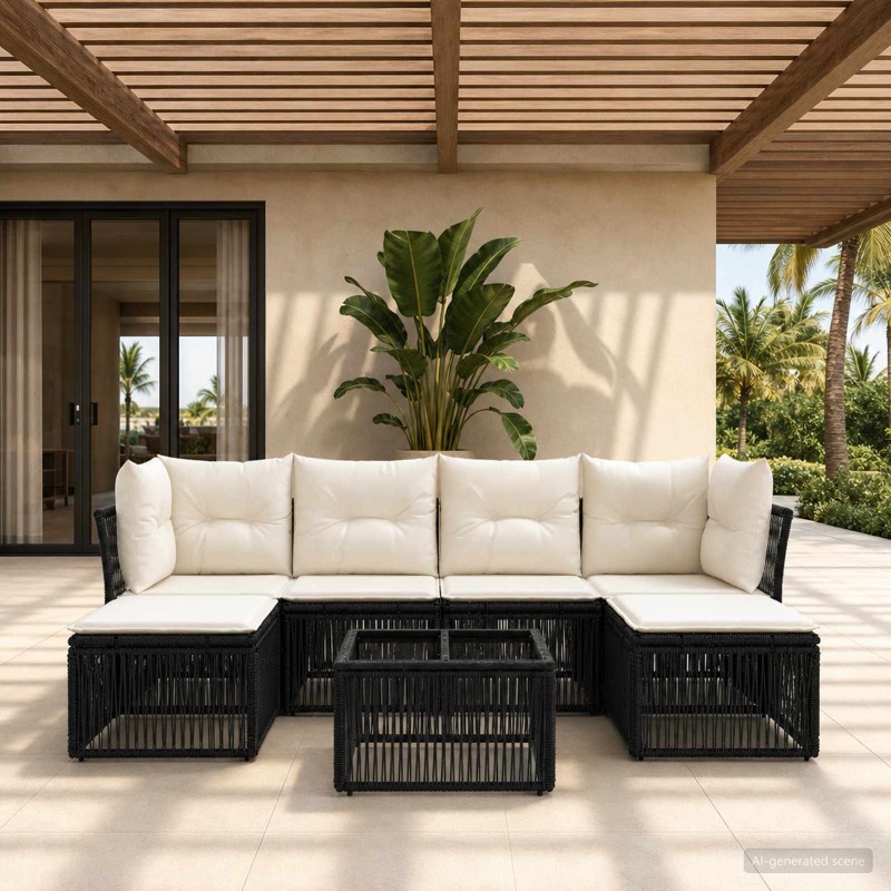 Ensemble de canapé de jardin 7 pcs Noir polyrotin 648605648605
