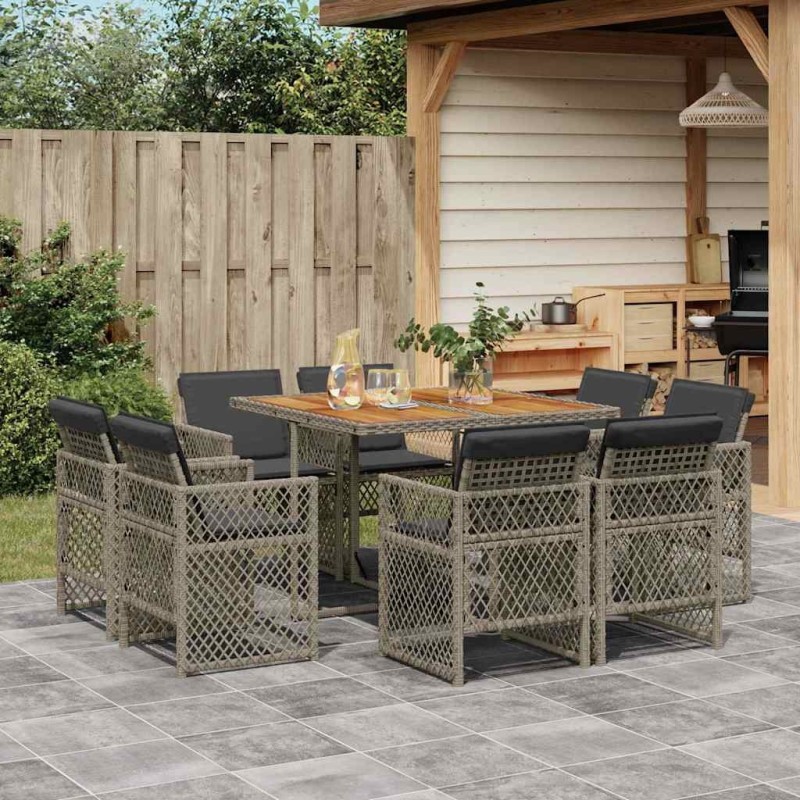 Ensemble à manger de jardin 9 pcs coussins gris résine tressée 648852648852