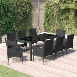 Ensemble à manger jardin 9pcs et coussins noir résine tressée 648903648903