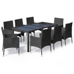 Ensemble à manger jardin 9pcs et coussins noir résine tressée 648903648903