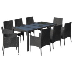 Ensemble à manger jardin 9pcs et coussins noir résine tressée 648903648903