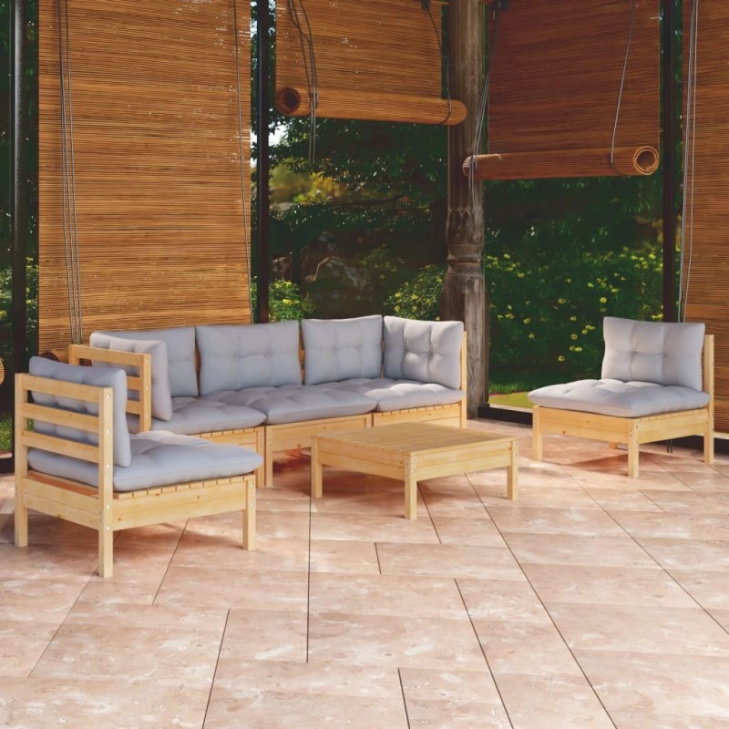 Salon de jardin 6 pcs avec coussins gris Bois de pin massif 649201649201