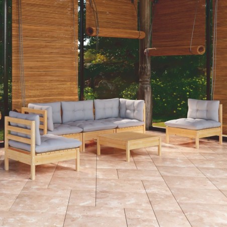 Salon de jardin 6 pcs avec coussins gris Bois de pin massif 649201649201