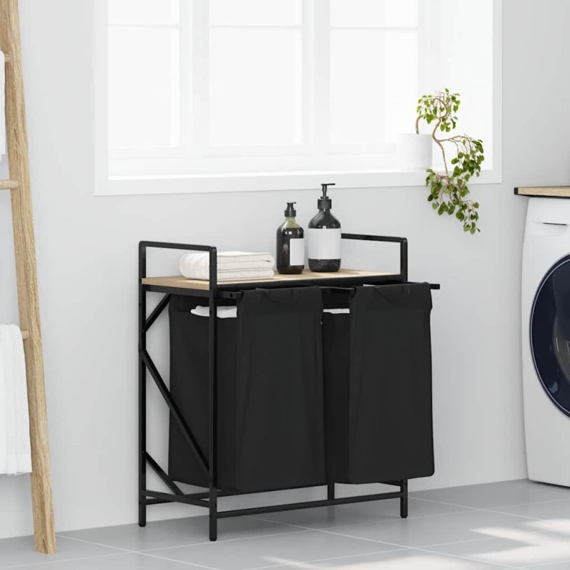 Panier à linge à 2 compartiments avec étagère chêne Sonoma 649251649251