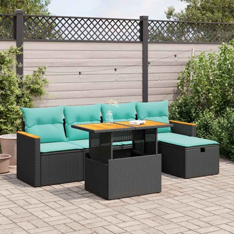 Salon de jardin 6 pcs avec coussins noir résine tressée acacia 649340649340