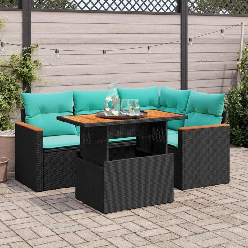 Salon de jardin 5 pcs avec coussins noir résine tressée 649341649341