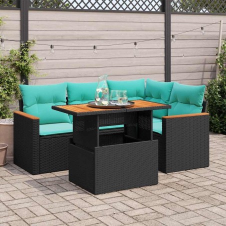 Salon de jardin 5 pcs avec coussins noir résine tressée 649341649341