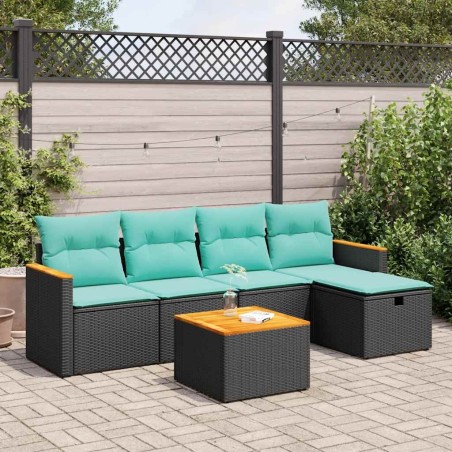 Salon de jardin 6 pcs avec coussins noir résine tressée 649343649343