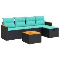Salon de jardin 6 pcs avec coussins noir résine tressée 649343649343