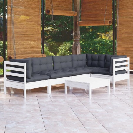 Salon de jardin 6 pcs avec coussins blanc bois de pin 649344649344