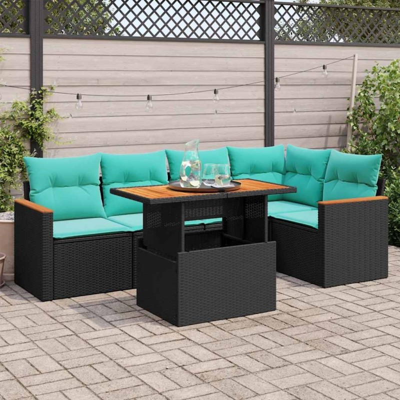 Salon de jardin 6 pcs avec coussins noir résine tressée 649346649346